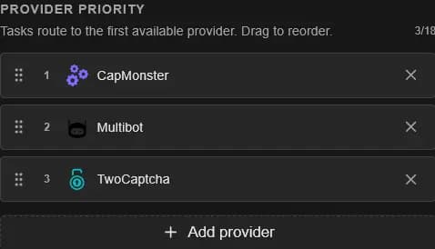 Provider Priority panel showing CapMonster, Multibot, and 2Captcha ordered with drag handles