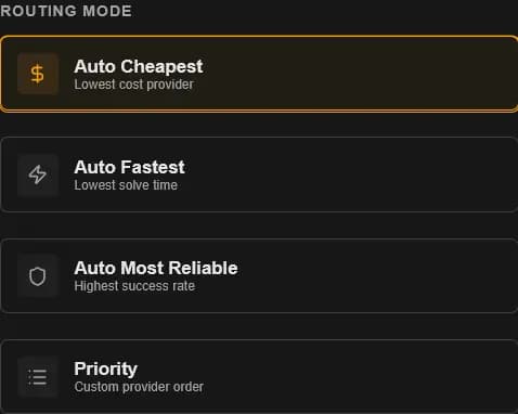 Routing mode picker showing Auto Cheapest, Auto Fastest, Auto Most Reliable, and Priority