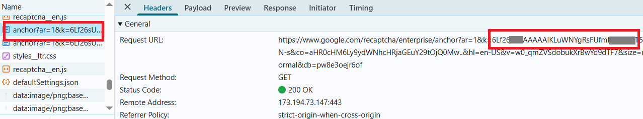 Finding sitekey in Network