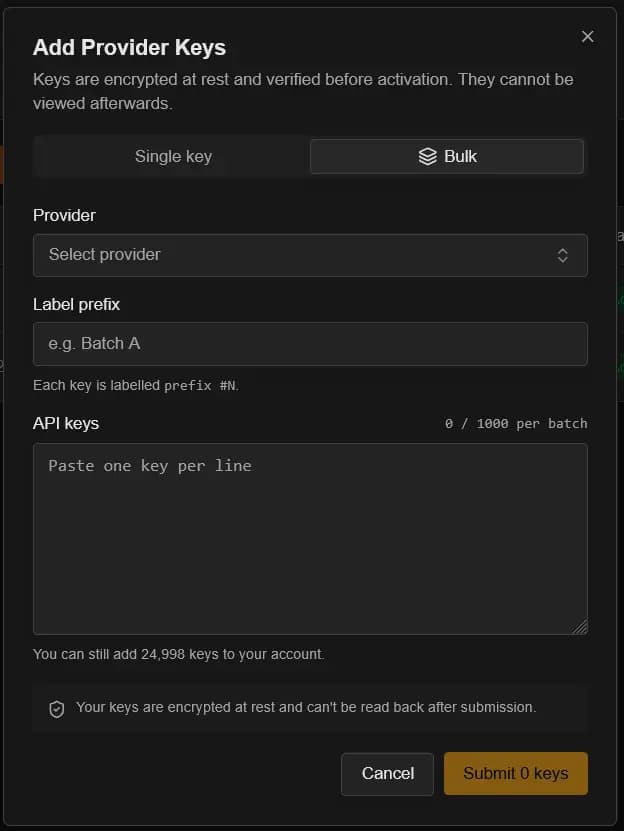 Add Provider Keys modal in bulk mode with label prefix and 1000-per-batch API keys textarea