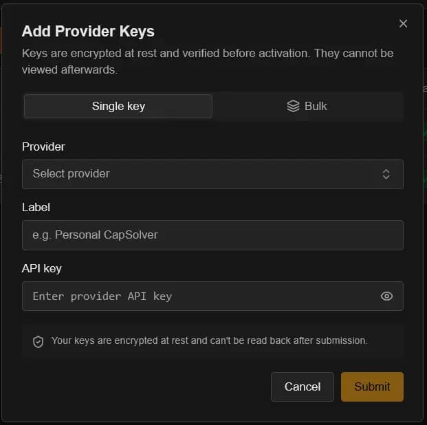 Add Provider Keys modal in single-key mode with provider, label, and API key fields