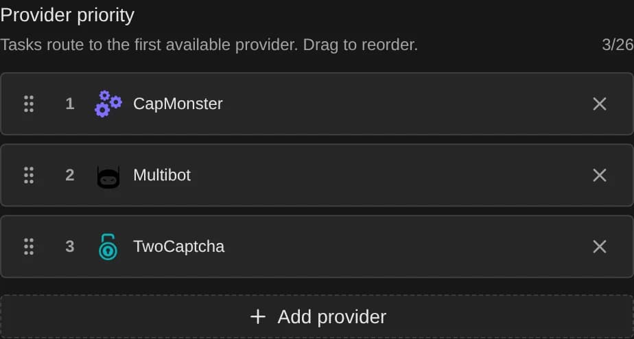Provider Priority panel showing CapMonster, Multibot, and 2Captcha ordered with drag handles