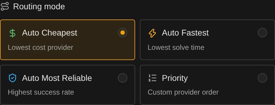 Routing mode picker showing Auto Cheapest, Auto Fastest, Auto Most Reliable, and Priority