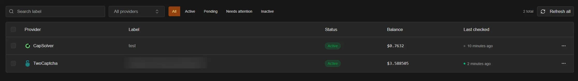 My Keys page with status filters and a key list showing provider, label, status, balance, and last checked
