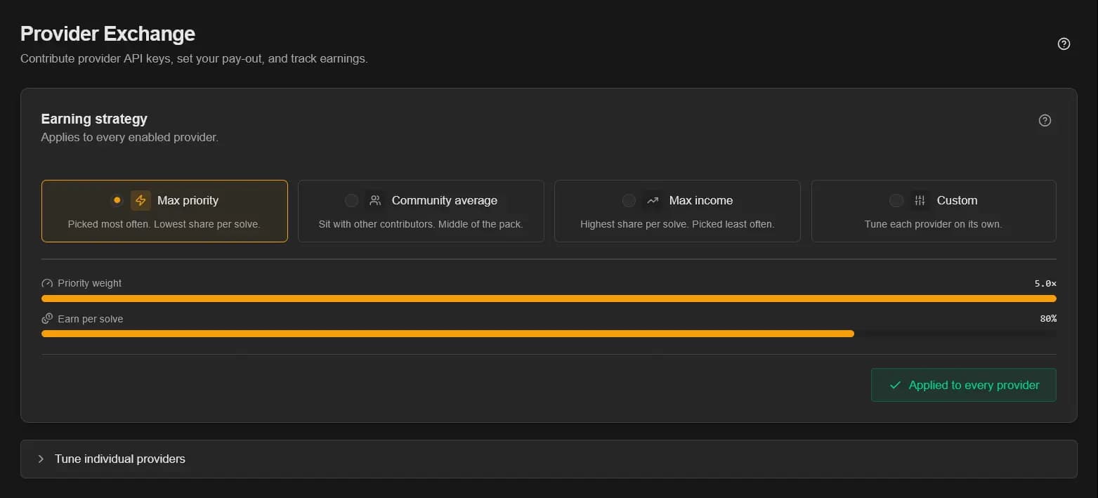 Earning strategy page with Max priority, Community average, Max income, and Custom presets